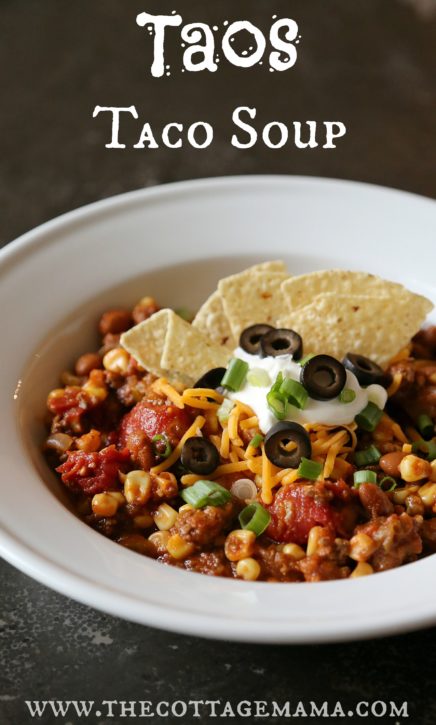 Taos Taco Soup Recipe. Can be made in the slow cooker or on the stove. Delicious!!! The Cottage Mama.