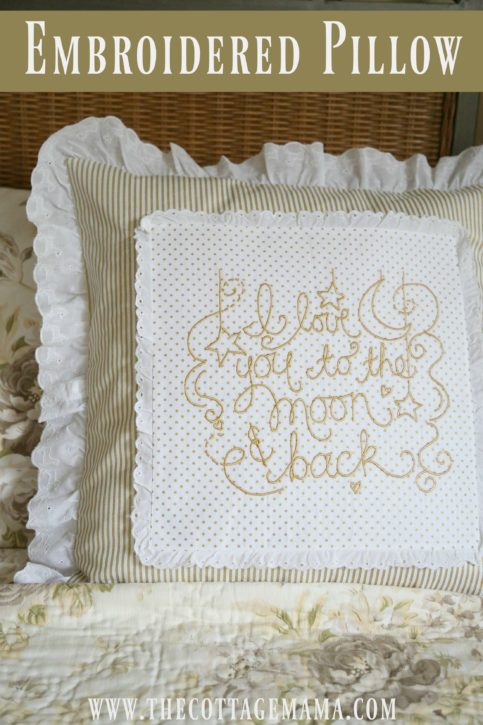 Baby Lock Love of Sewing Challenge. Lindsay Wilkes from The Cottage Mama. I Love You to the Moon and Back Embroidered Pillow Tutorial using IQ Designer on the Baby Lock Destiny 2 Sewing Machine.