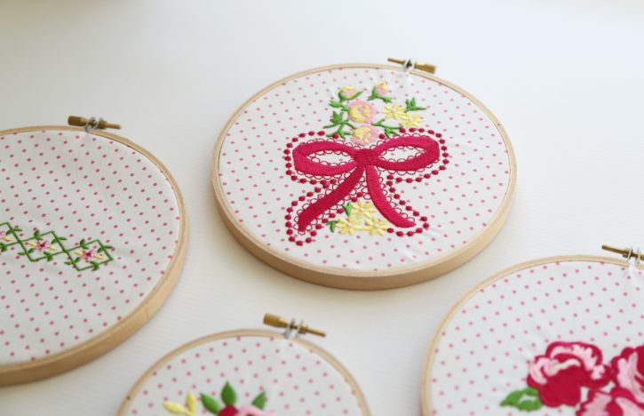 Dainty Darling Machine Embroidery Designs. Coordinates with Dainty Darling Fabric Collection by Lindsay Wilkes from The Cottage Mama for Riley Blake Designs.
