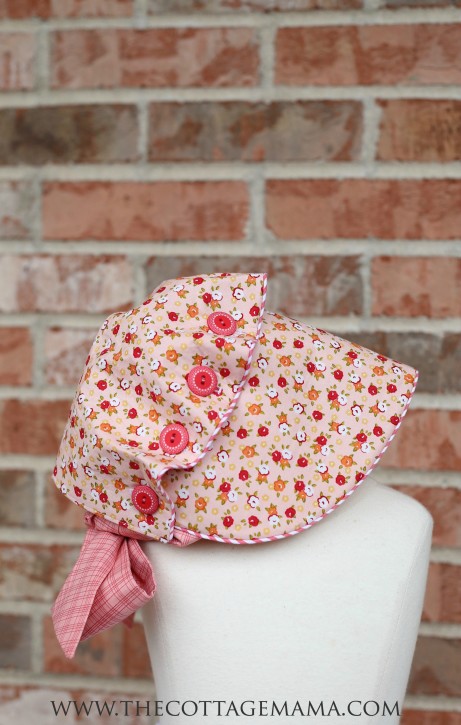 Josie Mae Bonnet Pattern from The Cottage Mama. Fabric is Farm Girl by October Afternoon for Riley Blake Designs.