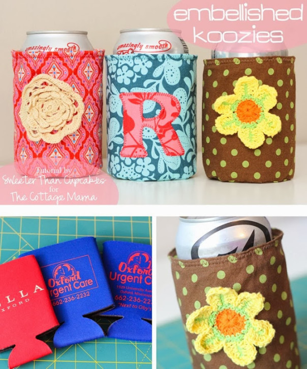 Embellished Koozie Tutorial from The Cottage Mama. Guest post from Sweeter Than Cupcakes. www.thecottagemama.com