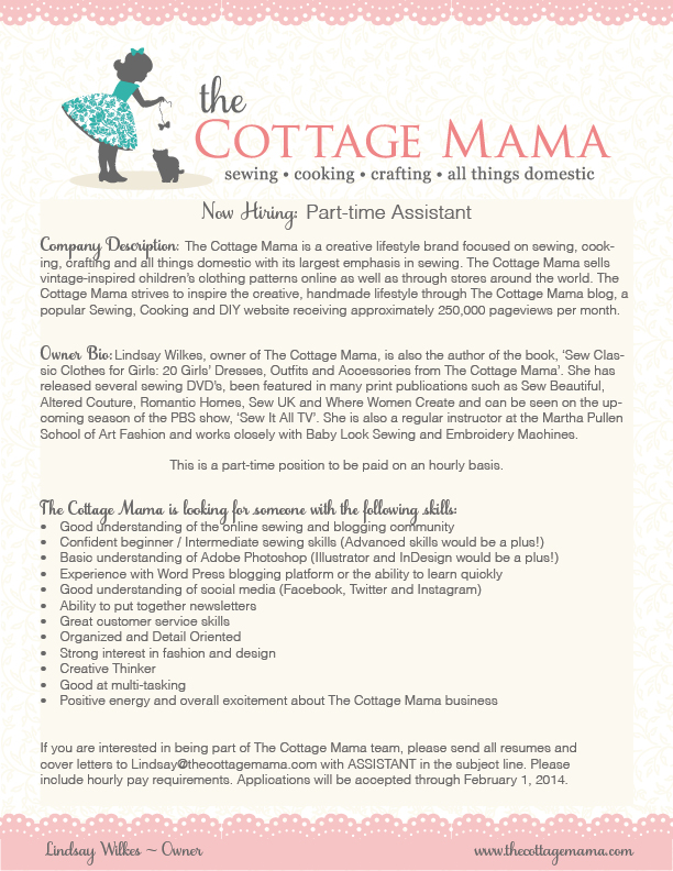 The Cottage Mama Part Time Assistant position. www.thecottagemama.com