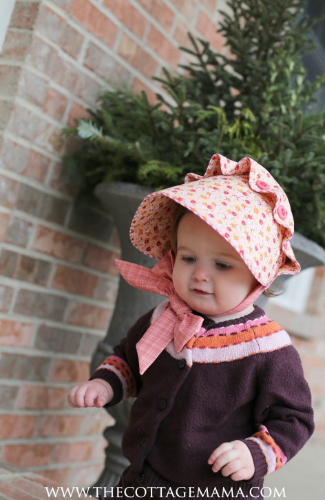 Josie Mae Bonnet Pattern from The Cottage Mama. Fabric is Farm Girl by October Afternoon for Riley Blake Designs.